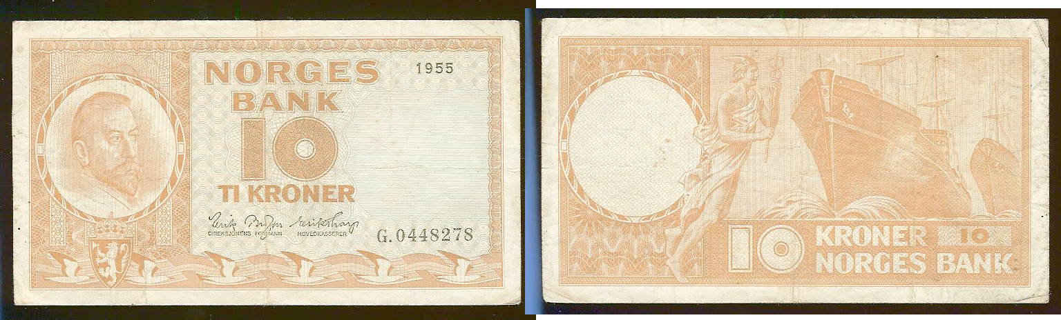 Norway 10 kroner 1955 VF+